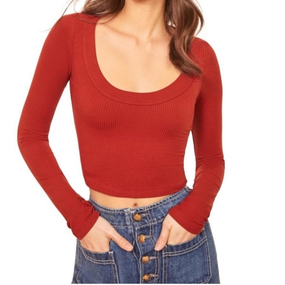 Reformation cropped long sleeve red top ribbed - Picture 4 of 5